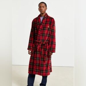 VTG RALPH LAUREN Polo Pony Plush Flannel Plaid Bath Robe Red Black Yellow Sz L